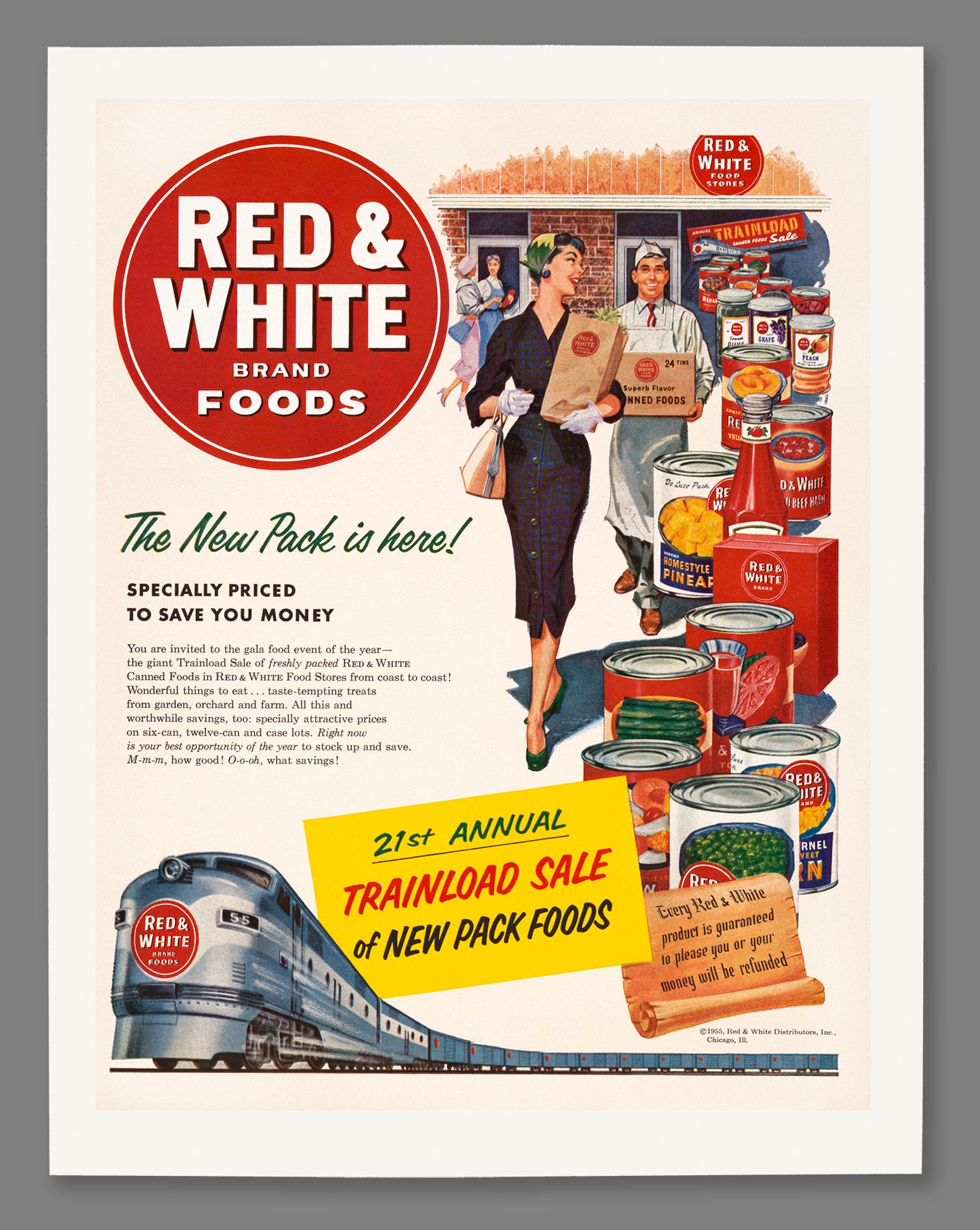 A reproduction print on paper of a vintage poster for Red and White Brand Foods