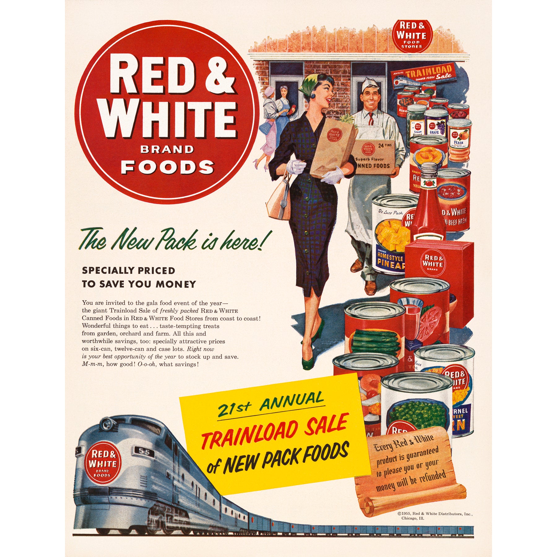 A vintage advertisement poster from Red & White Brand Foods, featuring a woman and store clerk
