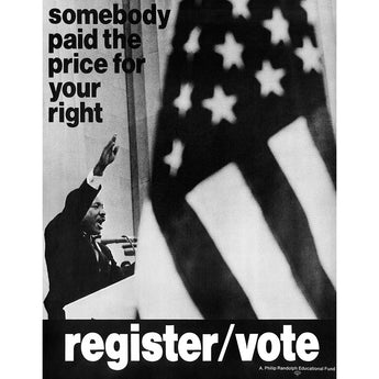 Vintage poster with MLK Jr. at a podium and an American flag, featuring text about voting rights.