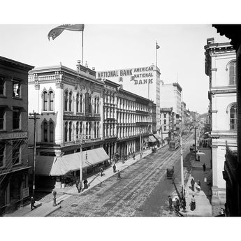A restored vintage photograph depicting a regular day on Main Street in Richmond, Virginia