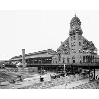 A black and white, restored vintage photograph of Richmond's Main Street Station