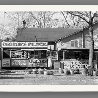 A digital rendering of a fine art paper print of a vintage Walker Evans photo of a Louisiana roadside sandwich shop