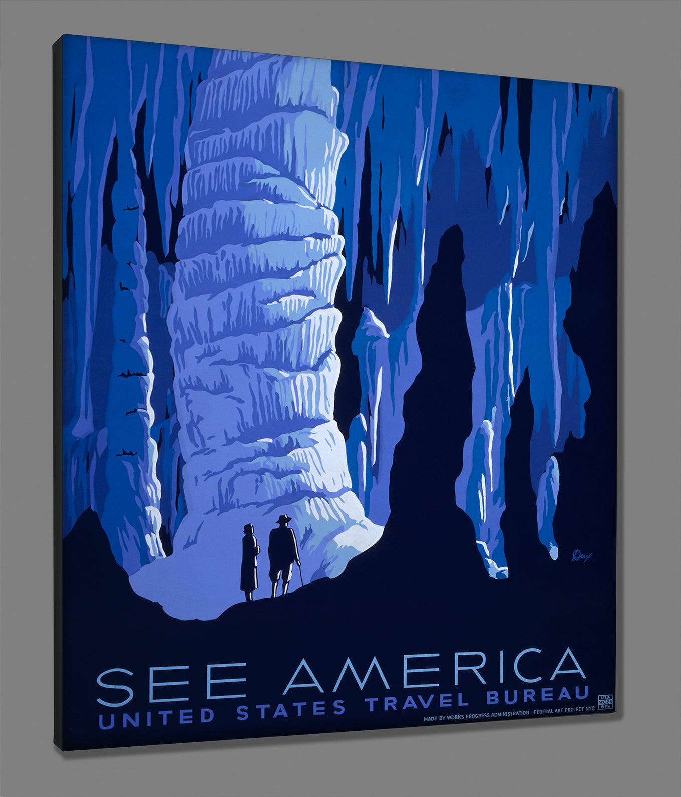 Canvas print mockup of vintage travel poster featuring the slogan See America