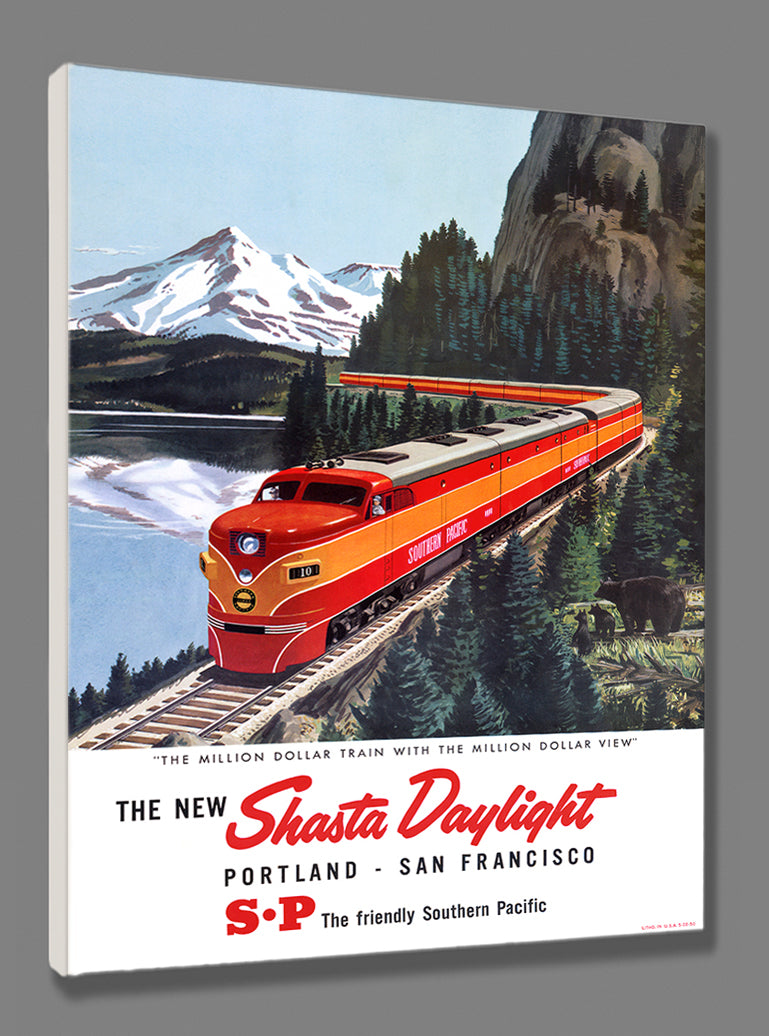 A stretched canvas print mockup, featuring a vintage poster advertising the Shasta Daylight train