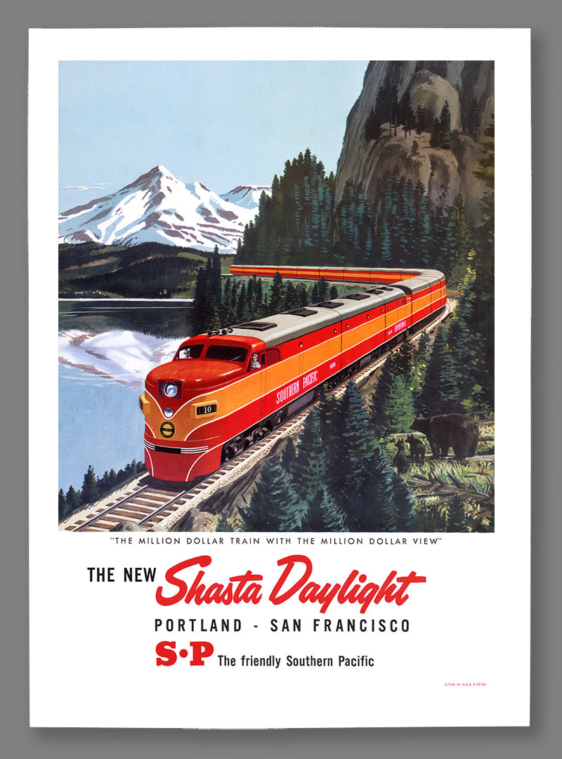 A print reproduction on fine art paper of a vintage poster advertising the Shasta Daylight Train