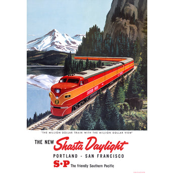 A vintage poster advertising the Shasta Daylight Train, running from Portland to San Francisco