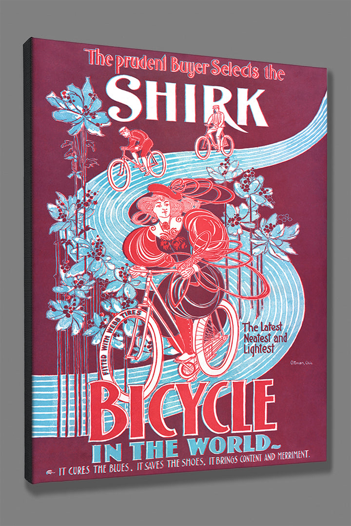 A stretched canvas print of a vintage Shirk Bicycles ad