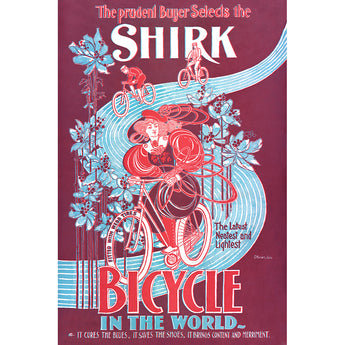 A maroon, blue, and red vintage advertisement for Shirk Bicycles