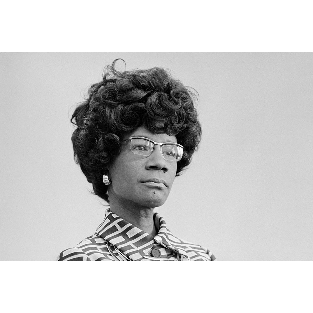 A vintage photograph of Shirley Chisholm announcing her candidacy for the presidential nomination
