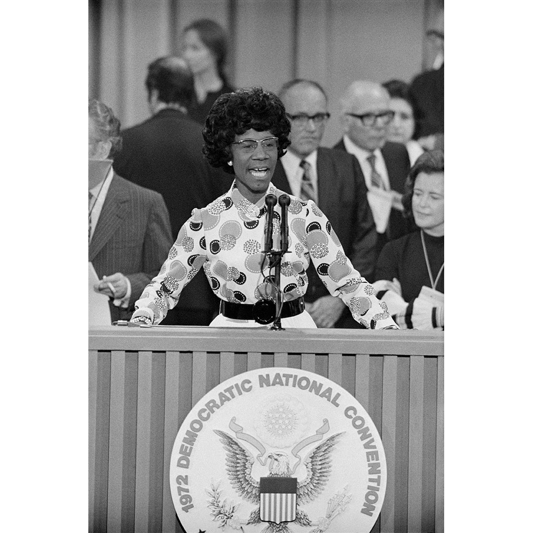 A vintage photo of Shirley Chisholm at the Miami Beach DNC