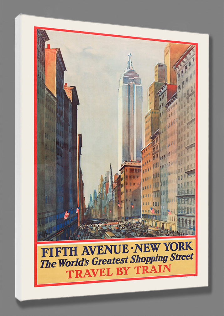 A mockup of a stretched canvas print of a vintage poster advertising shopping on Fifth Avenue in NYC