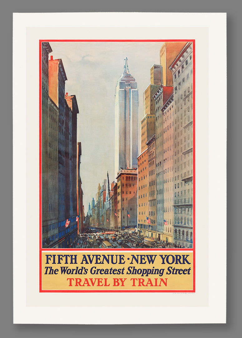 A paper print of a vintage poster of Fifth Avenue in New York City with the Empire State Building.