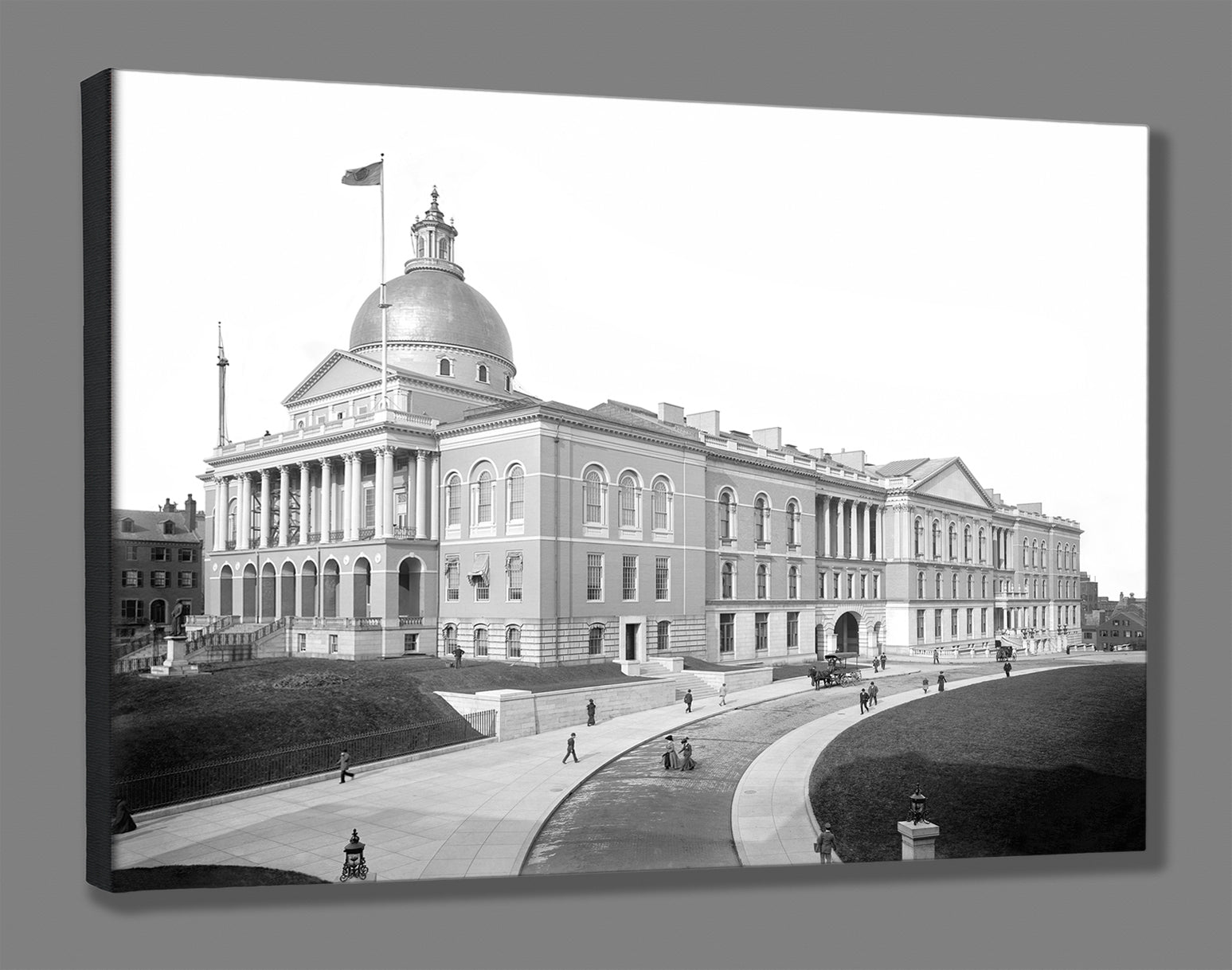 A mockup of a stretched canvas print of a vintage image of Boston's State House