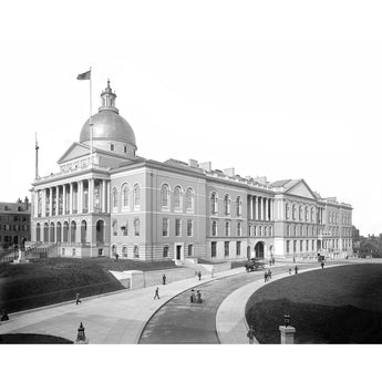 A vintage photograph of the State House in Boston, with people walking in the foreground