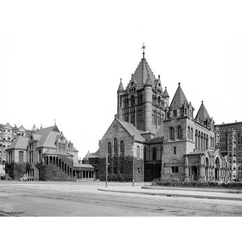 A black and white vintage photograph of Trinity Church in Boston