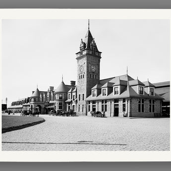 A fine art paper print of a vintage photograph depicting Portland, Maine's Union Station