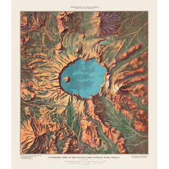 A restored vintage map depicting a panoramic view of Crater Lake National Park