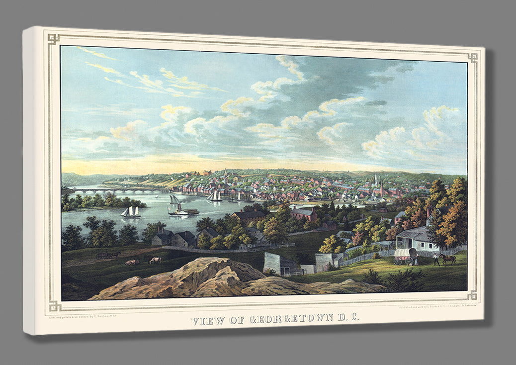 A mockup of a stretched canvas print featuring a vintage view of Georgetown, DC