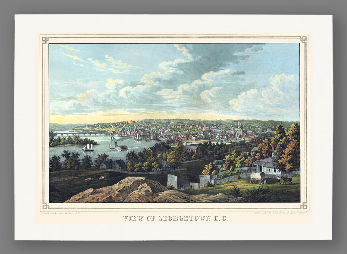 A fine art print on paper featuring a birds eye view style vintage map of Georgetown