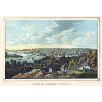 A vintage, birds eye view style map of Georgetown in Washington, DC
