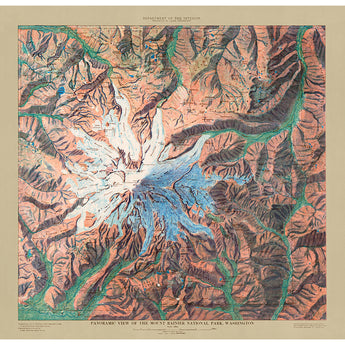 A restored vintage map showing an aerial view of Mount Rainier National Park