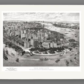 A fine art paper print reproduction of a restored vintage birds eye view map of New York City