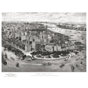 A restored vintage Birds Eye View map of New York City with boats and ships filling the river