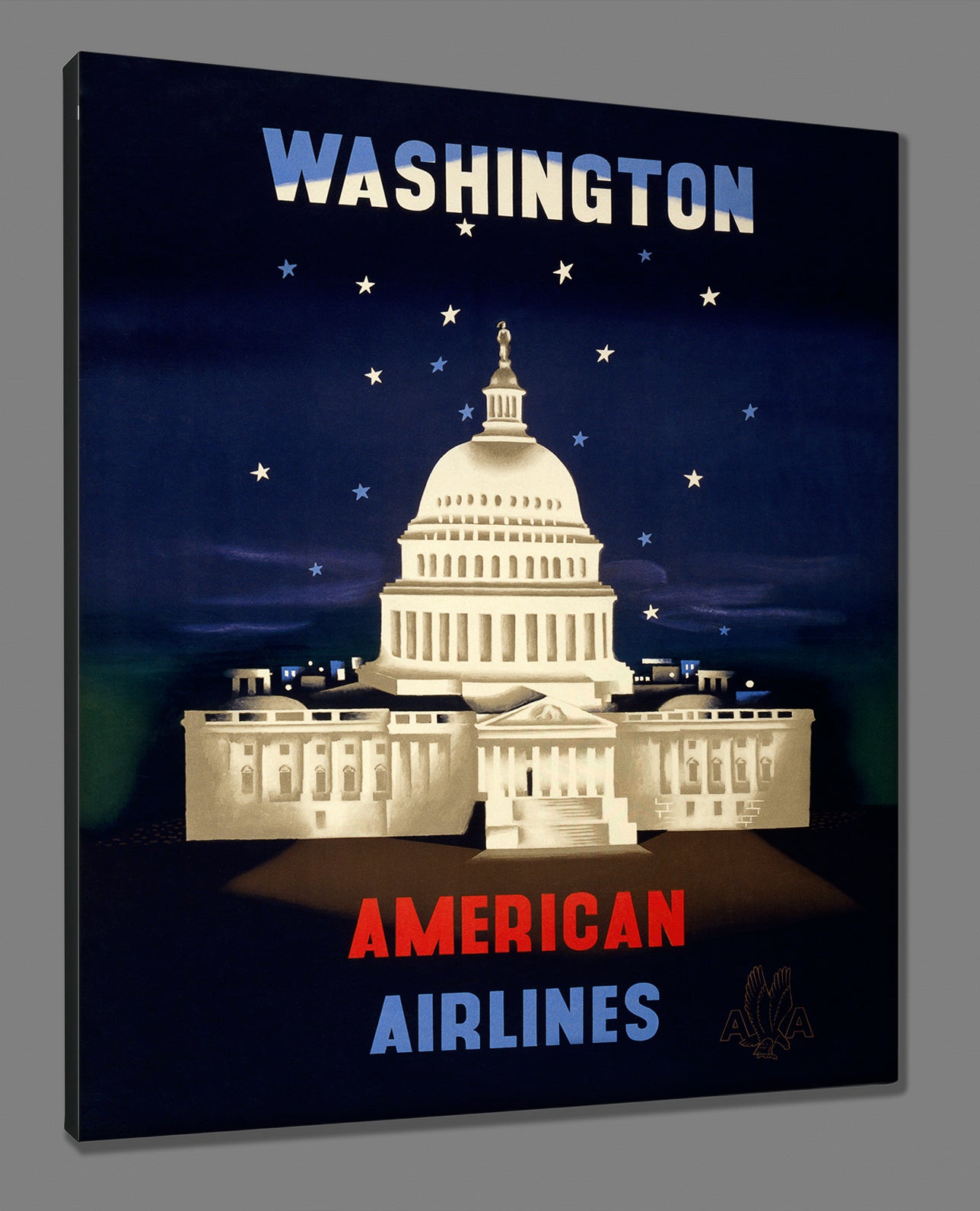 canvas print mockup of vintage travel poster for American Airlines to Washington DC