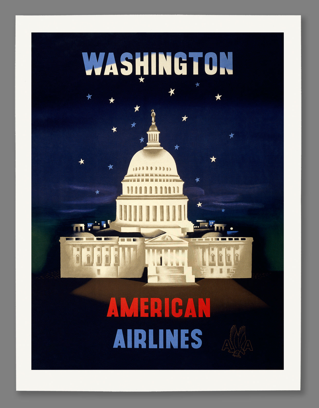 Paper print mockup of vintage travel poster for American Airlines to Washington DC