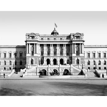A striking vintage photograph of the front entrance of the Library of Congress in Washington, DC