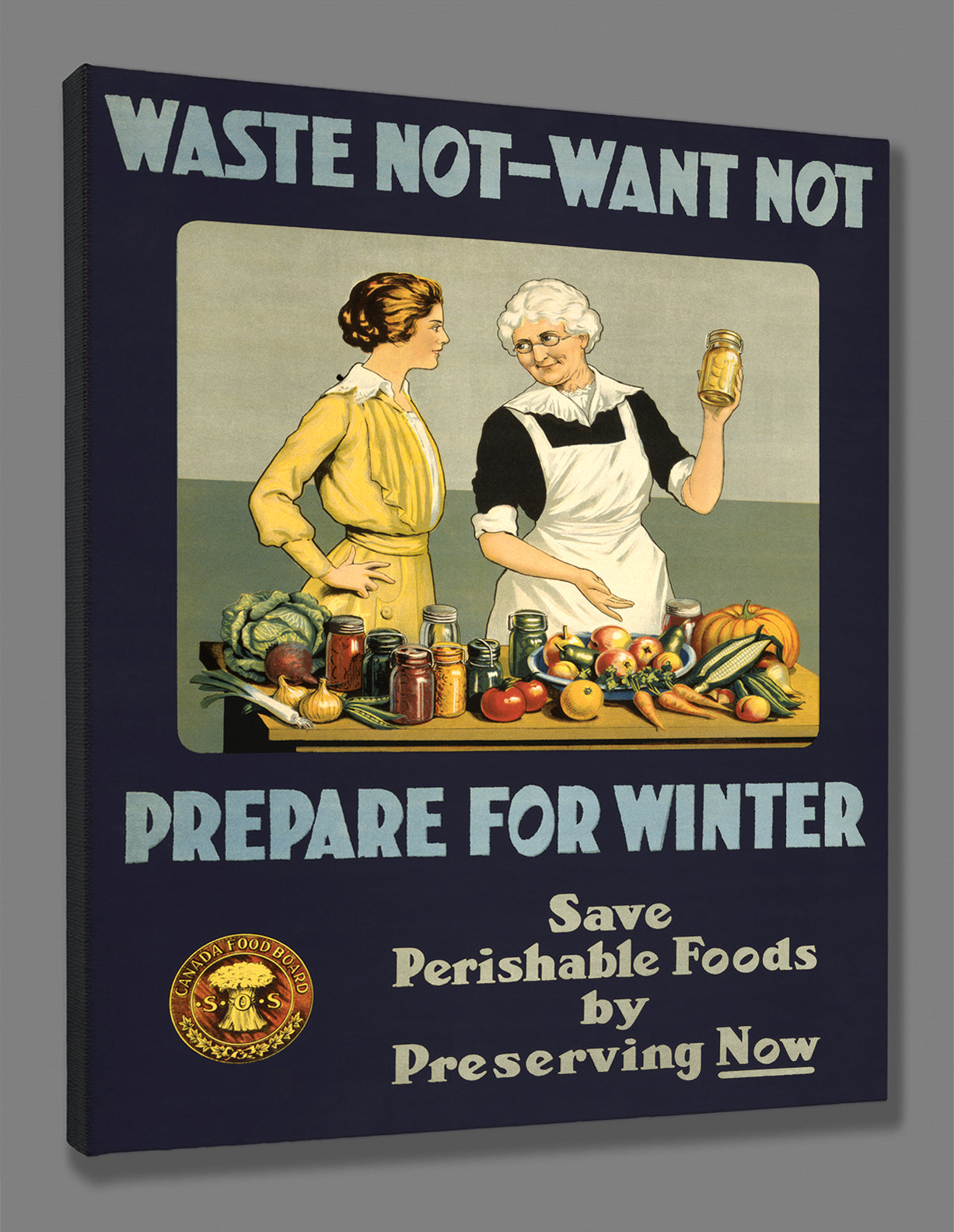A stretched canvas print of a vintage poster featuring two woman preserving perishable foods