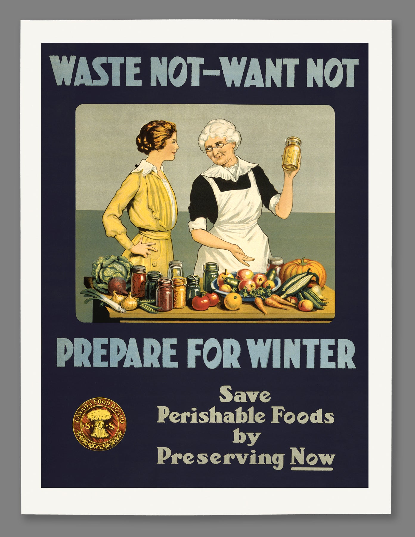 A mockup of a paper print reproduction of a vintage poster urging viewers to preserve food for winter