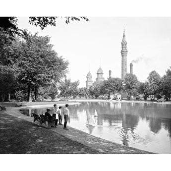 Black and white photo of a group of boys in Water Works Park in Detroit