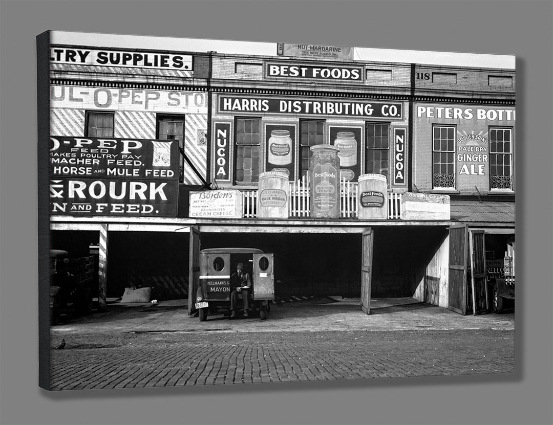 A stretched canvas print of a classic Walker Evans photograph, taken in Louisiana and depicting waterfront warehouses