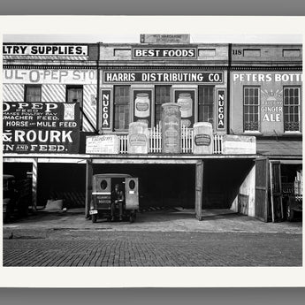 A fine art paper print of a vintage image of warehouses along the waterfront in Louisiana, featuring many advertisements