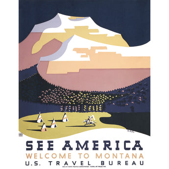 A vintage travel poster reading "See America- Welcome to Montana"