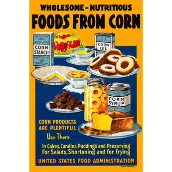 A vintage poster advertising the many uses of corn based foods
