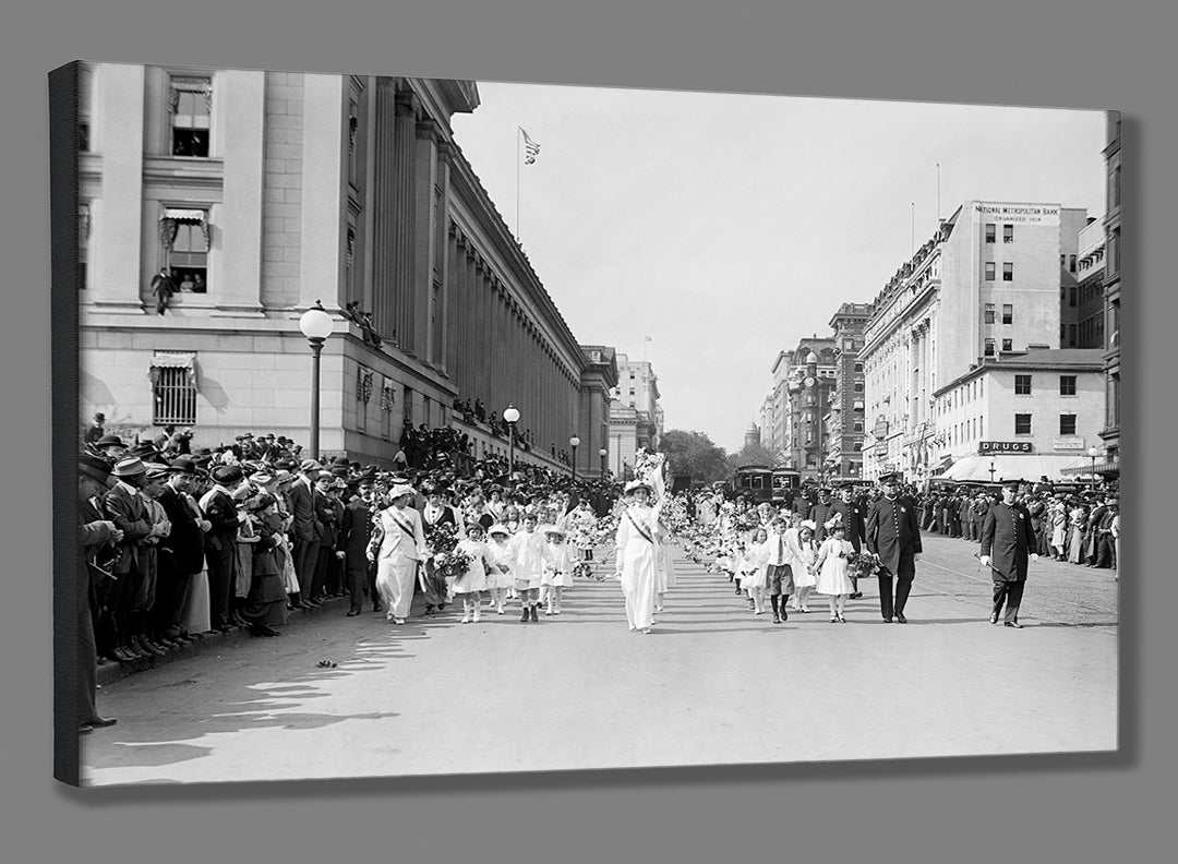 A print on canvas of a vintage image of a women's suffrage parade