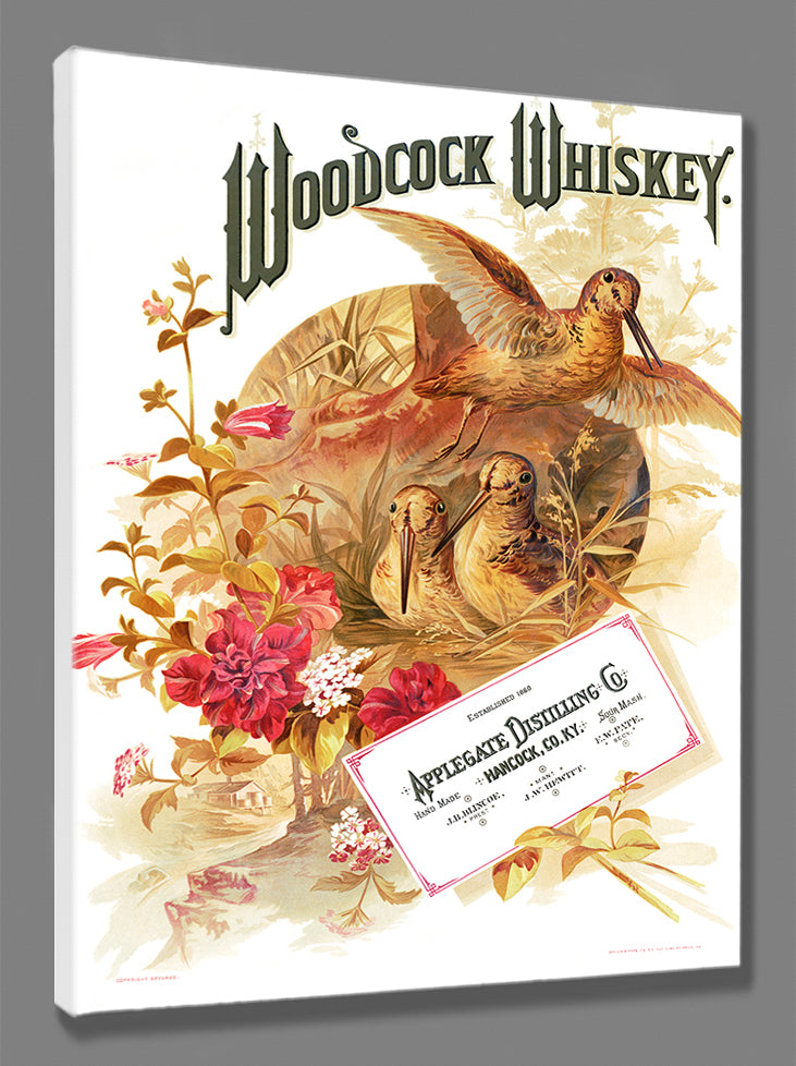 A stretched canvas print featuring a retro advertisement for Woodcock Whiskey