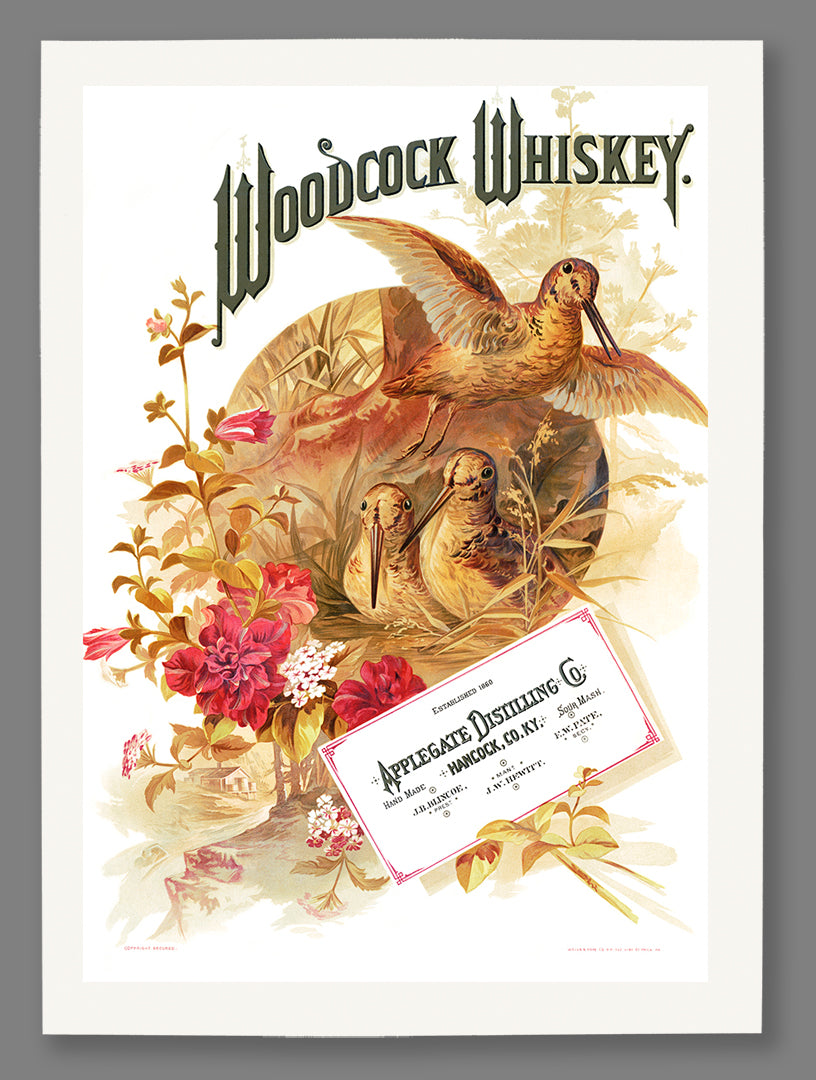 A fine art paper print of a vintage Woodcock Whiskey advertisement