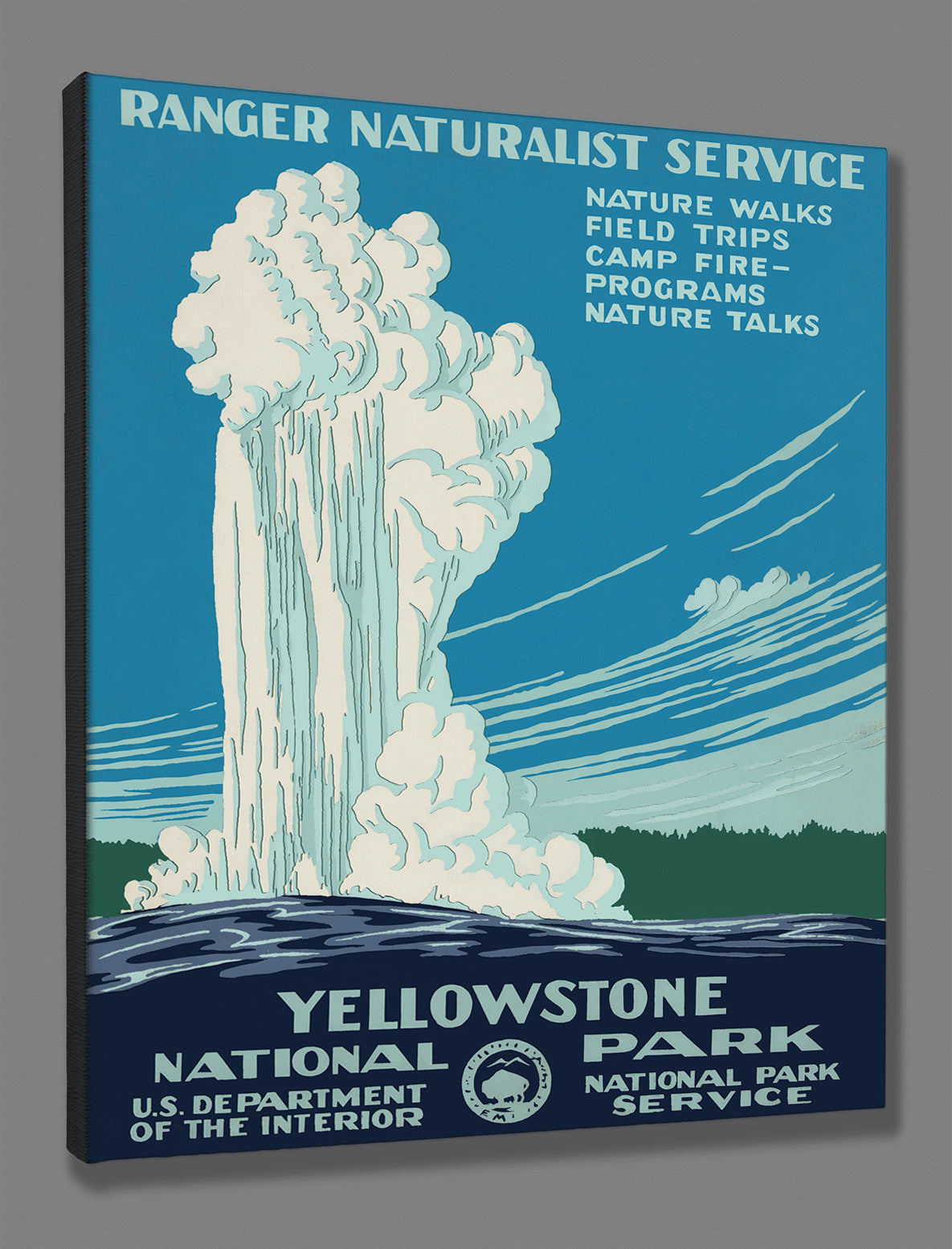 A stretched canvas print of a vintage poster featuring Yellowstone National Park