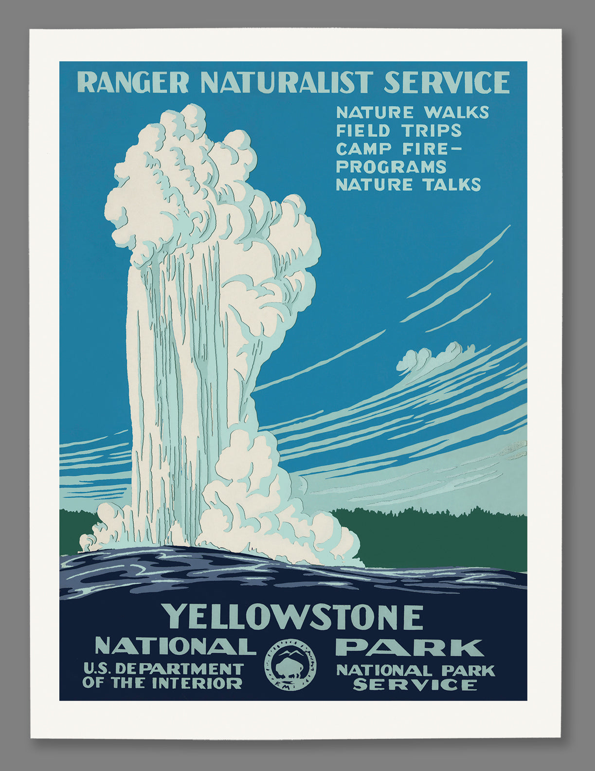 A paper print reproduction of a vintage poster for Yellowstone National Park