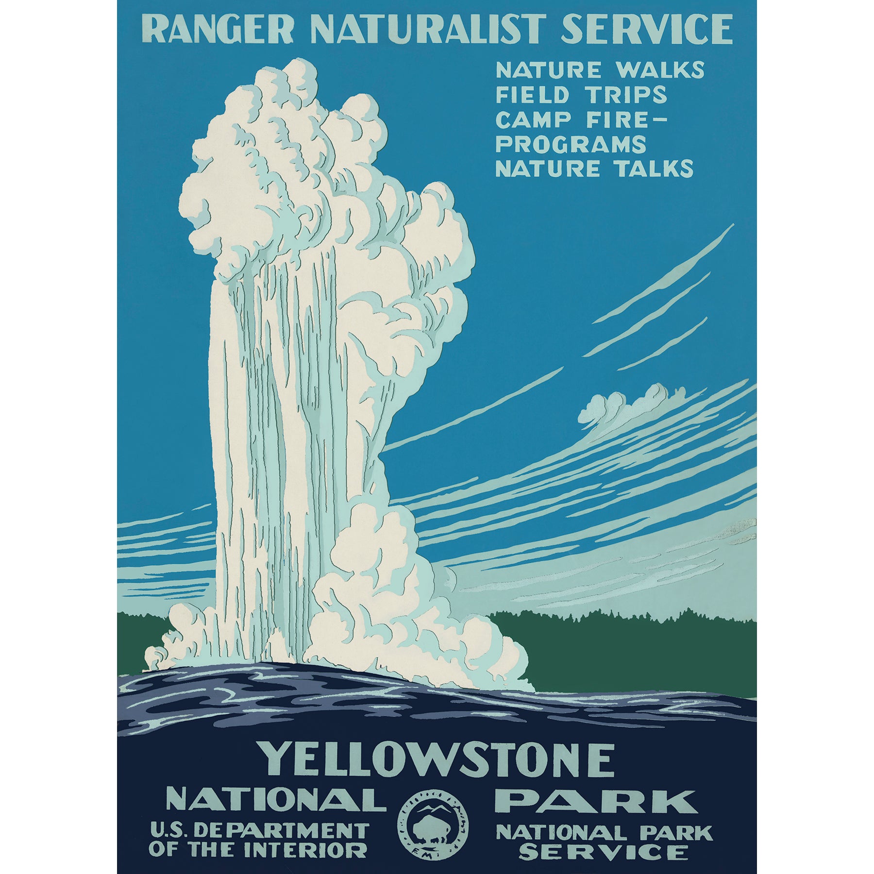 A vintage poster featuring information about Yellowstone National Park