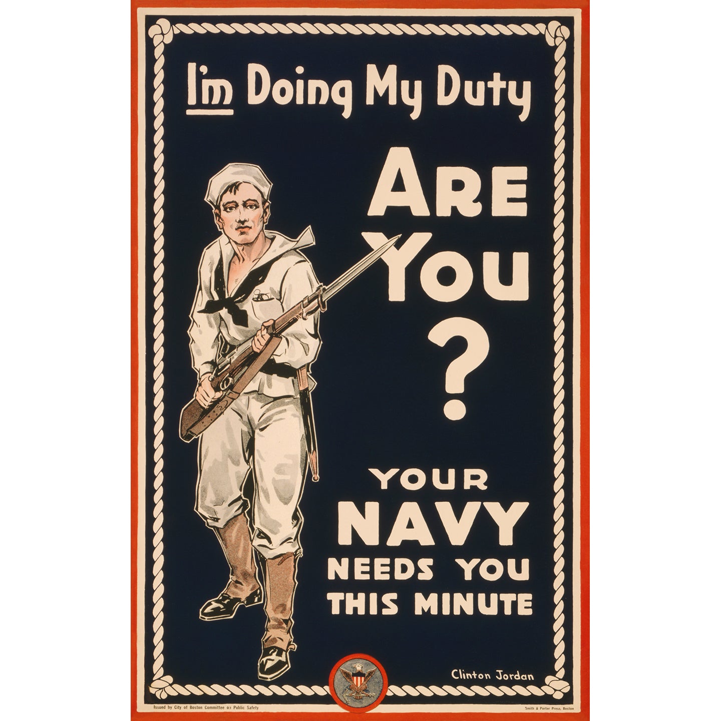 A vintage military poster from the US Navy featuring a serviceman with a weapon