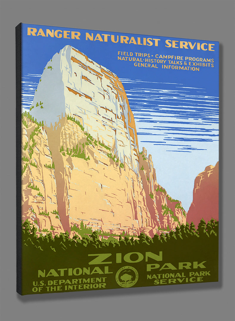 A mockup of a canvas print of a retro Zion National Park poster