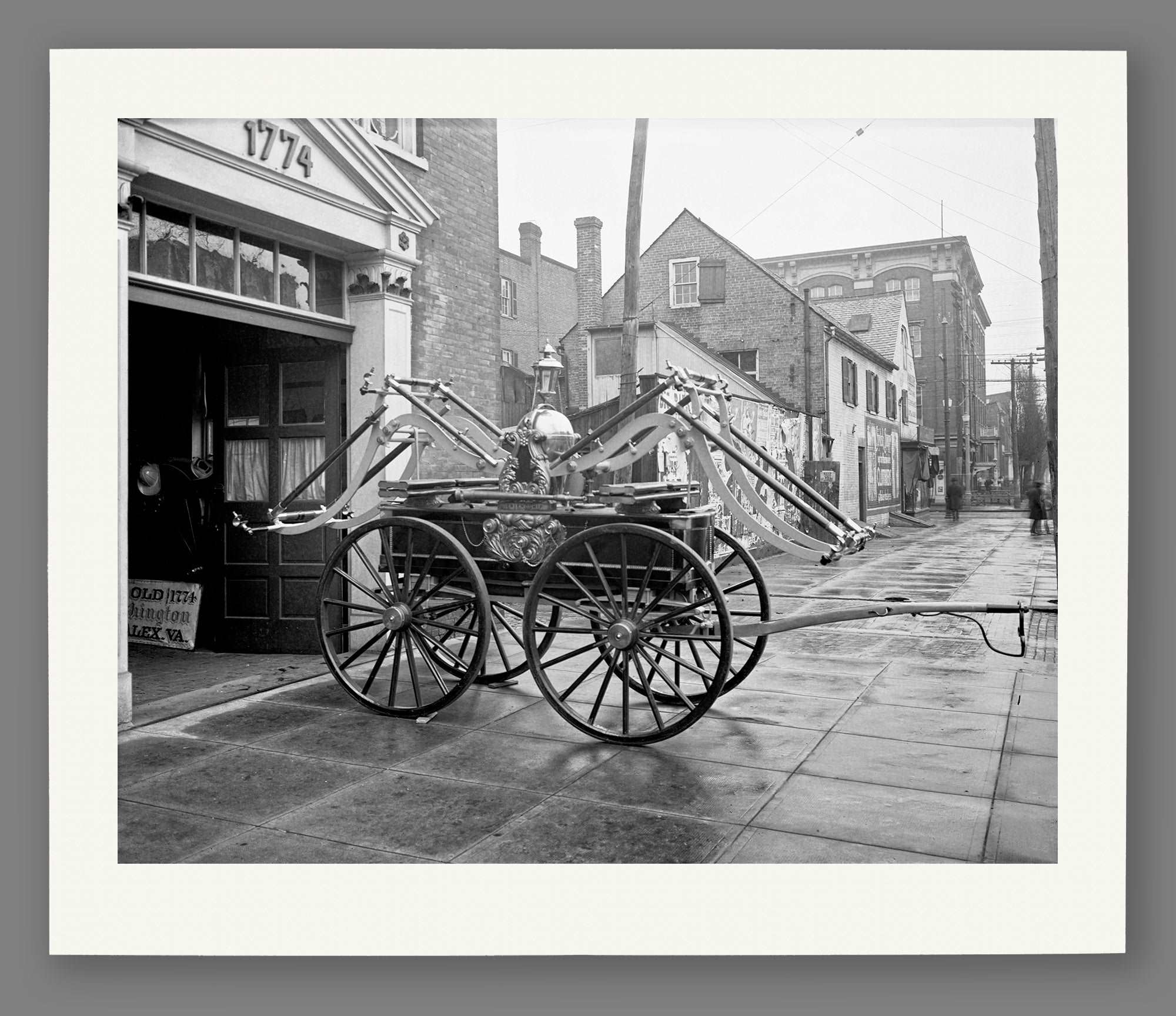 A paper print mockup of vintage photography of a fire engine in Alexandria
