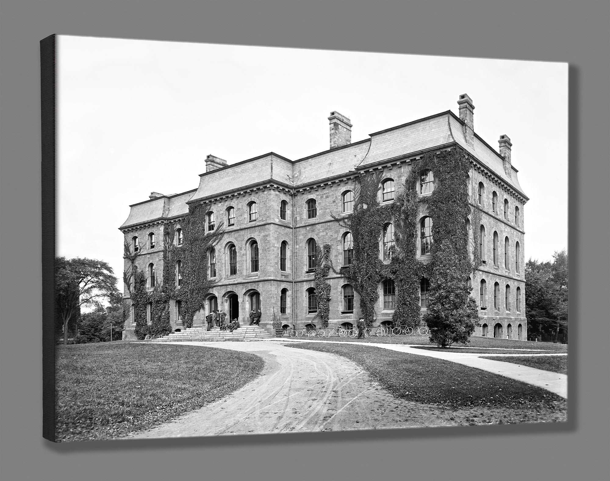 A fine art canvas print of a vintage photo of Anderson Hall covered in ivy