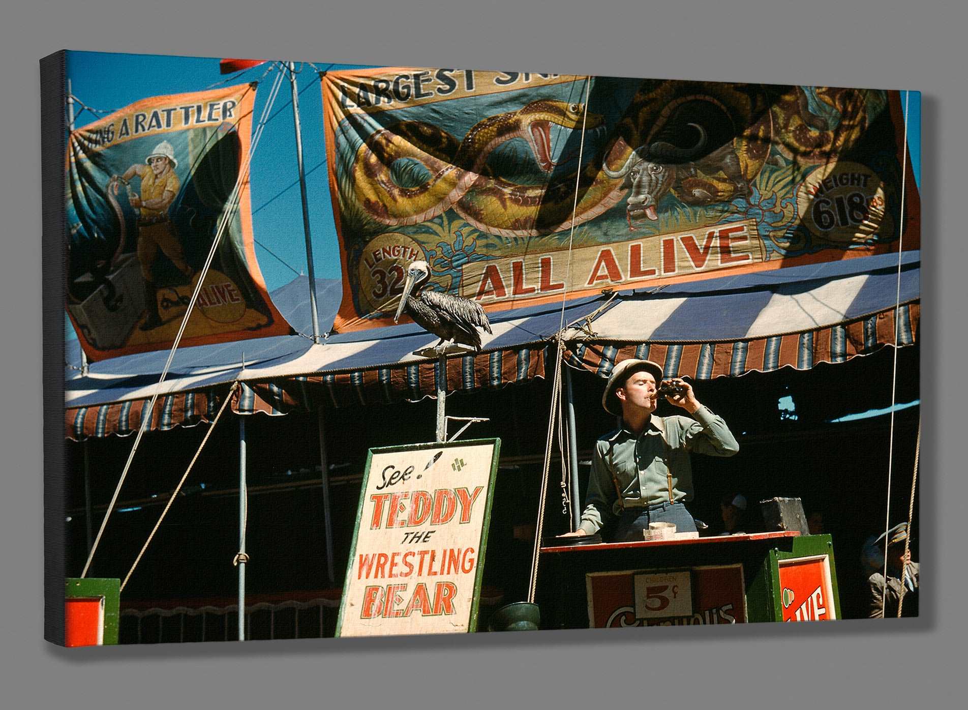 A canvas reproduction print of a vintage photo of a Barker at a state fair