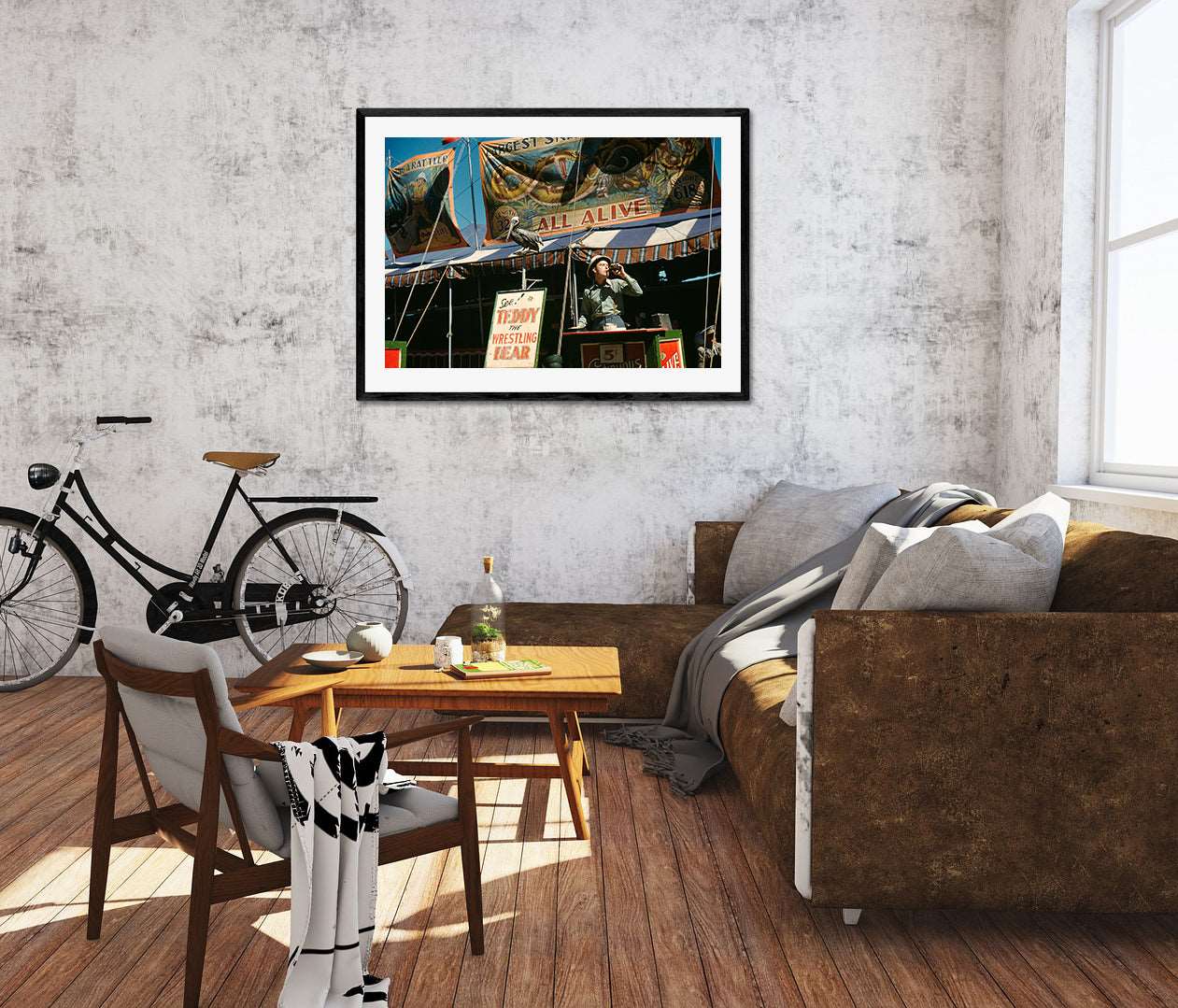 A rendering of a living room with a framed paper print on the wall, featuring a vintage color photograph