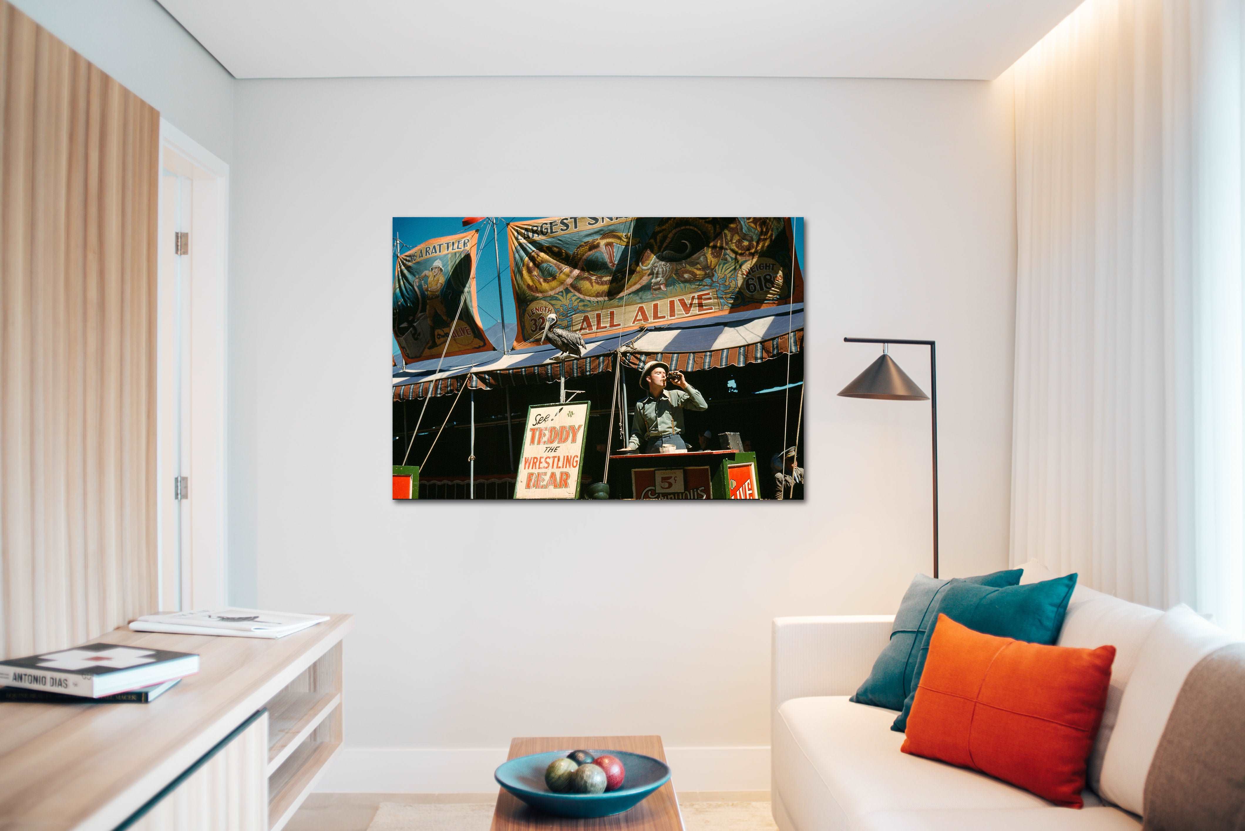 A living room with a canvas print of a photograph of the Vermont State Fair on the wall